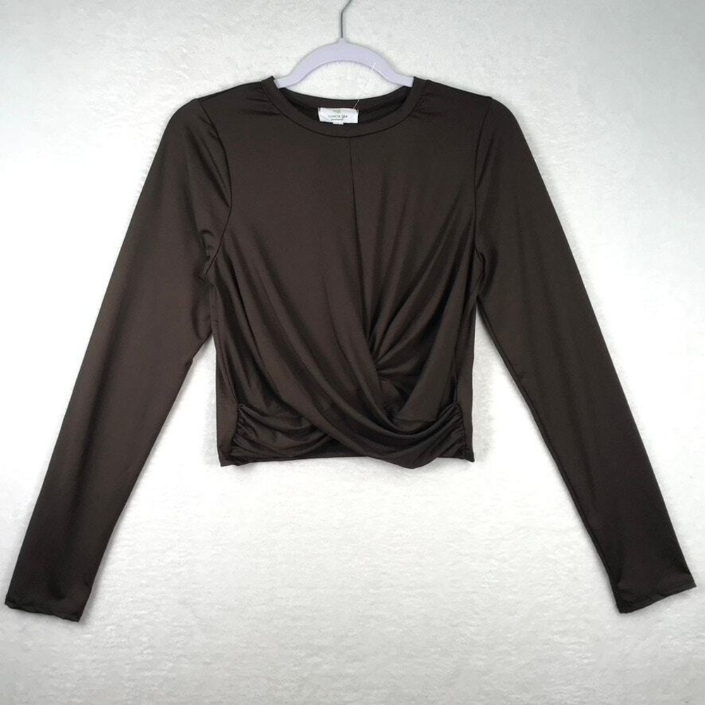 Live in the Moment‎ Twist Crop Top Large Brown Y2K Wrap Yoga Minimal Neutral
